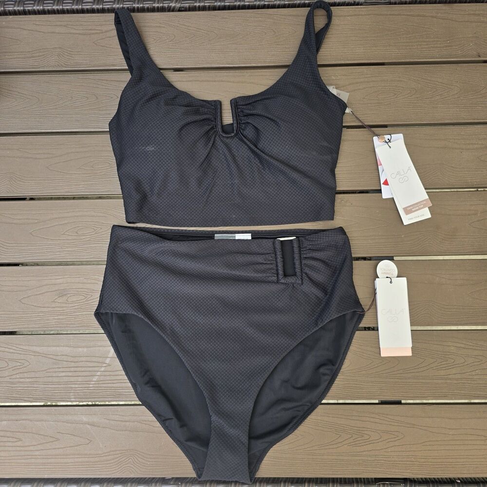 CALIA Women's Pure Black Mesh U-Bar Top & Asymmetrical Bikini Bottom Sz XS New